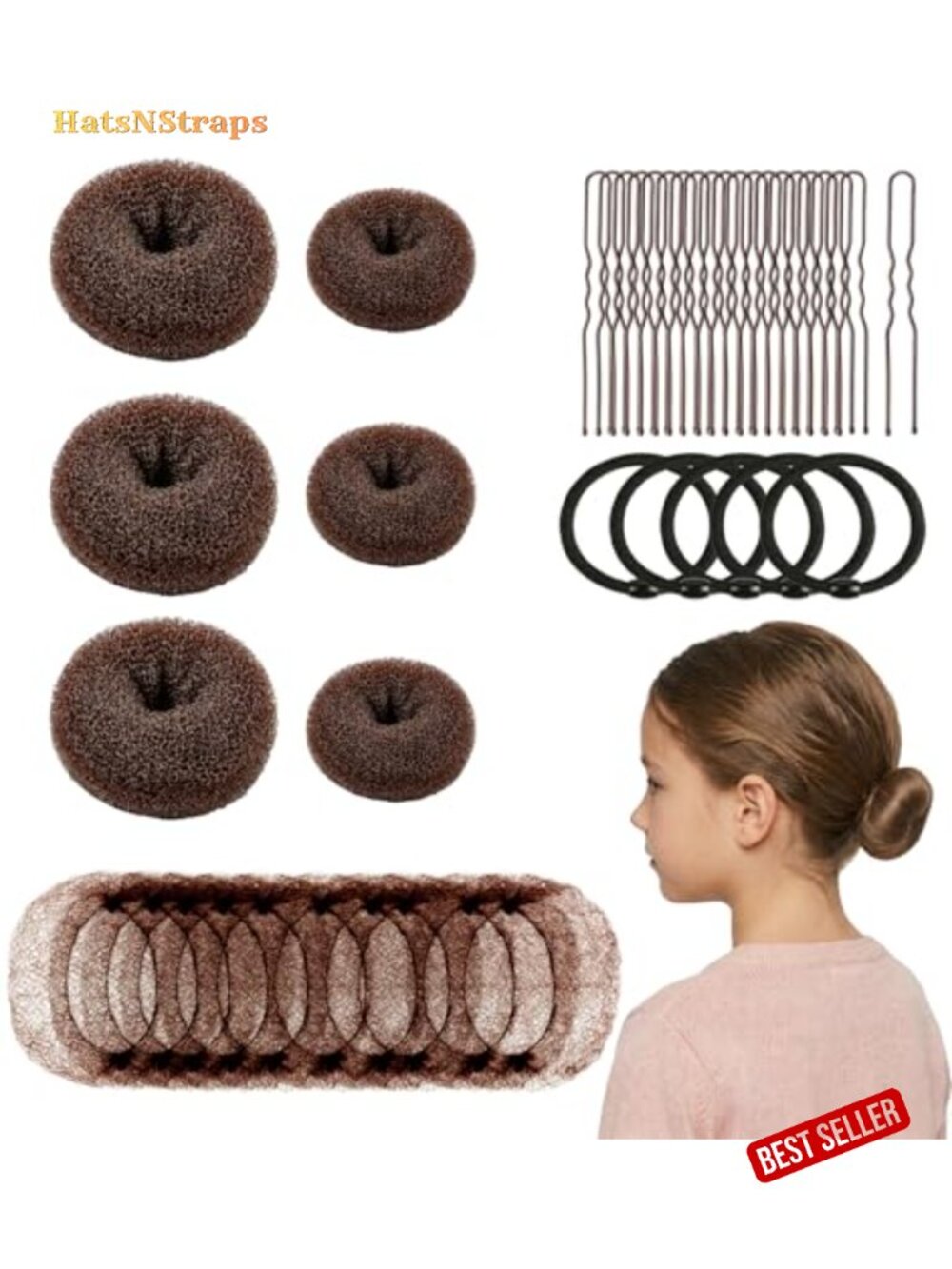 6 Hair Donut Bun Maker Set with 10 Hair Nets & Pins